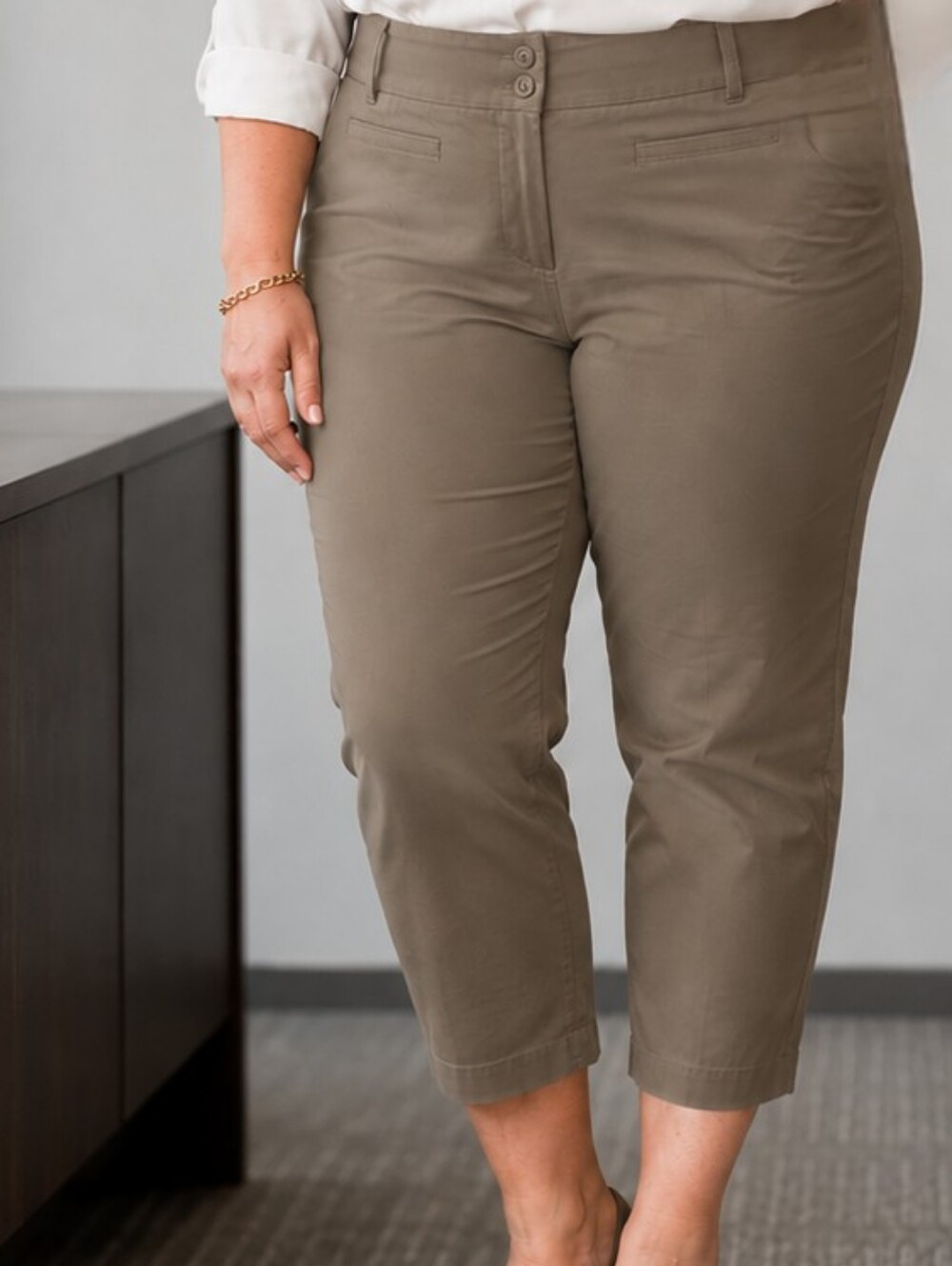 Business Heritage Straight Cotton Pants Brown Olive Women Plus 16W Office Career